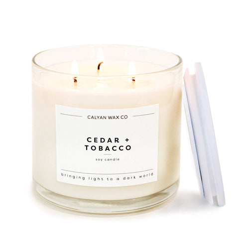 Cedar + Tobacco 3-Wick Clear Glass Tumbler Soy Candle