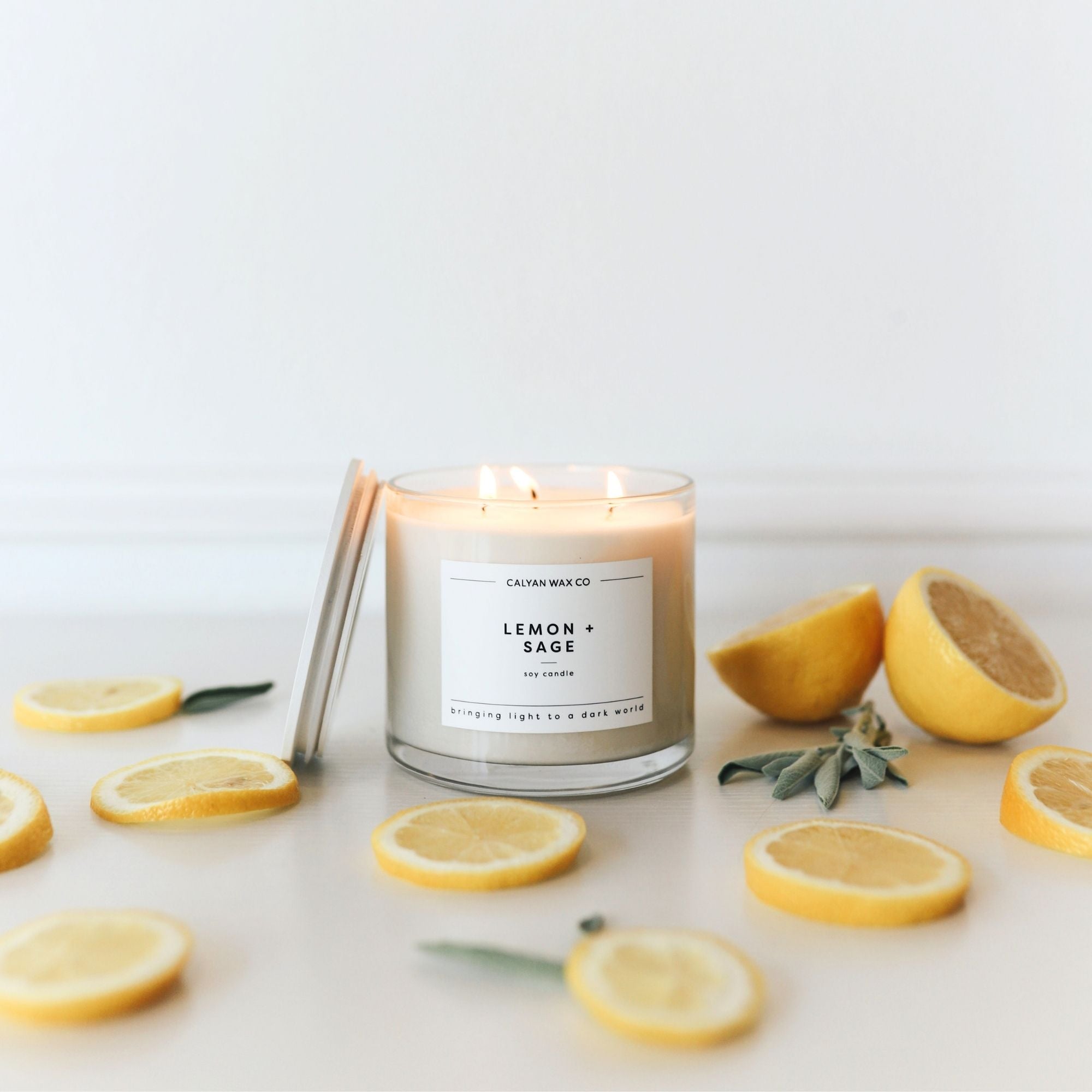 Lemon + Sage 3 - Wick Clear Glass Tumbler Soy Candle - Calyan Wax Co.